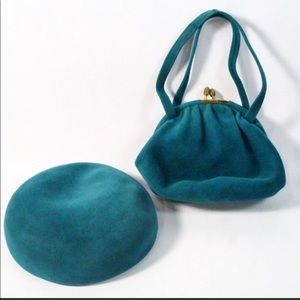 Vintage Teal Antilope Felt Pill Box Hat & Handbag